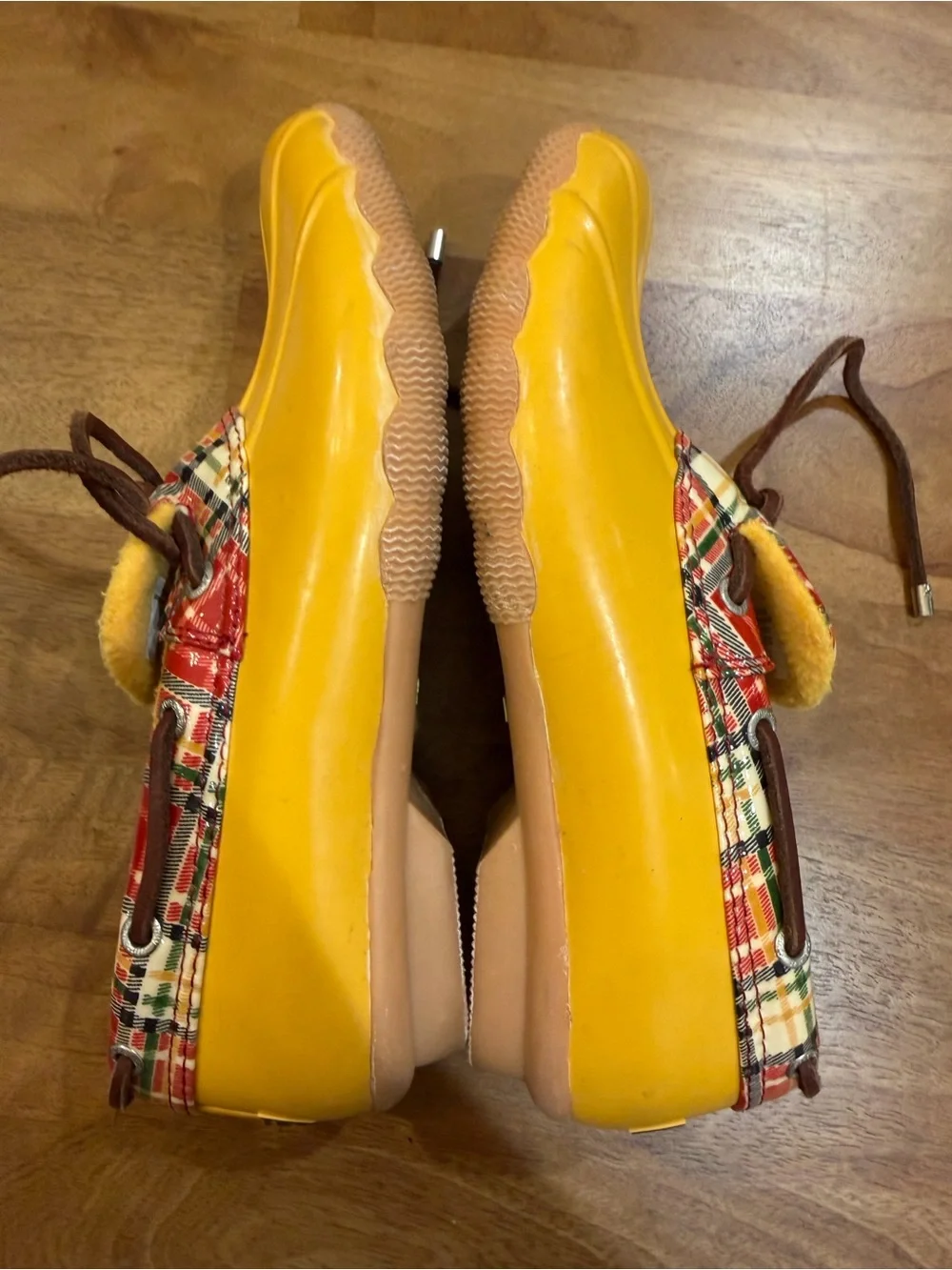 Sperry Yellow and Red Plaid-Trim Duck Boots w/ Leather Laces Women’s Size 8
